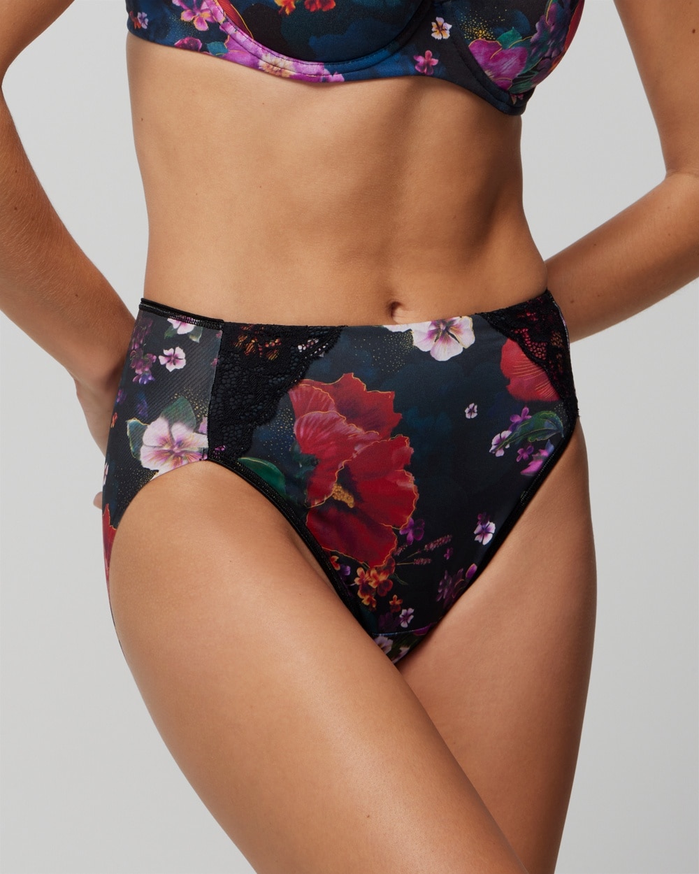 Soma Women's Vanishing Tummy High-leg Brief With Lace Underwear In Black Floral Size Small |  In Drama Blooms Mini Black
