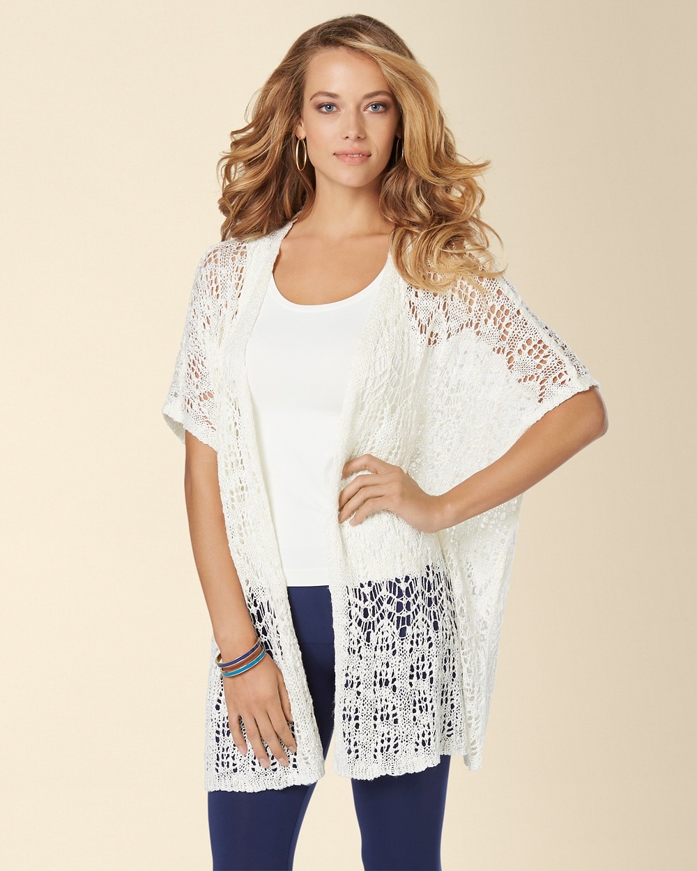 Live.Lounge.Wear. Open Work Crochet Sweater Wrap Ivory