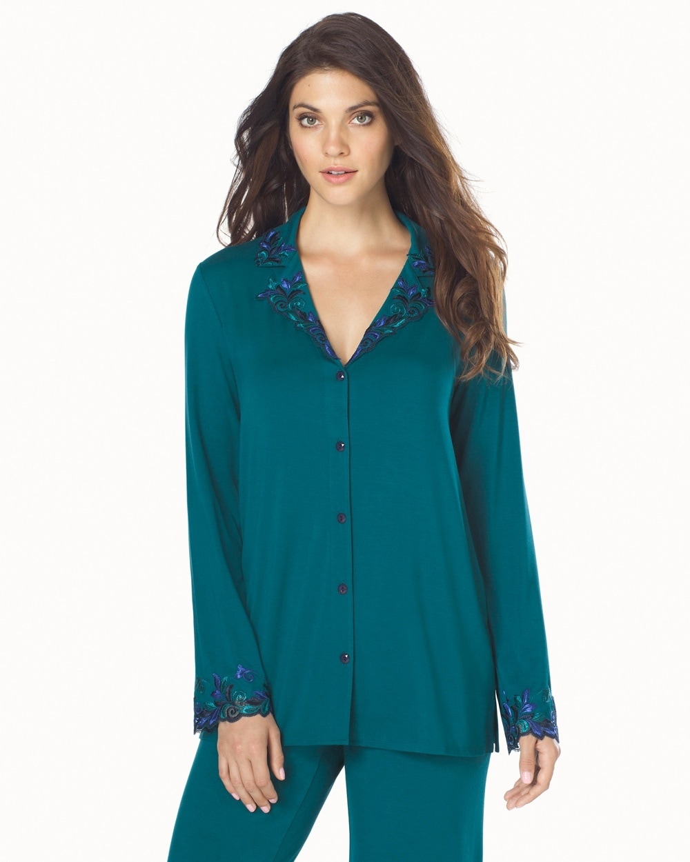 Limited Edition Cool Nights Sensuous Lace Notch Collar Pajama Top Gem Green With Jewel Blue