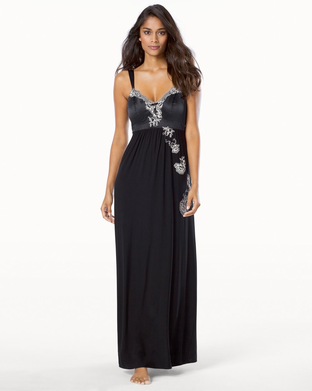 Alluring Satin and Lace Adorned Long Nightgown - Soma