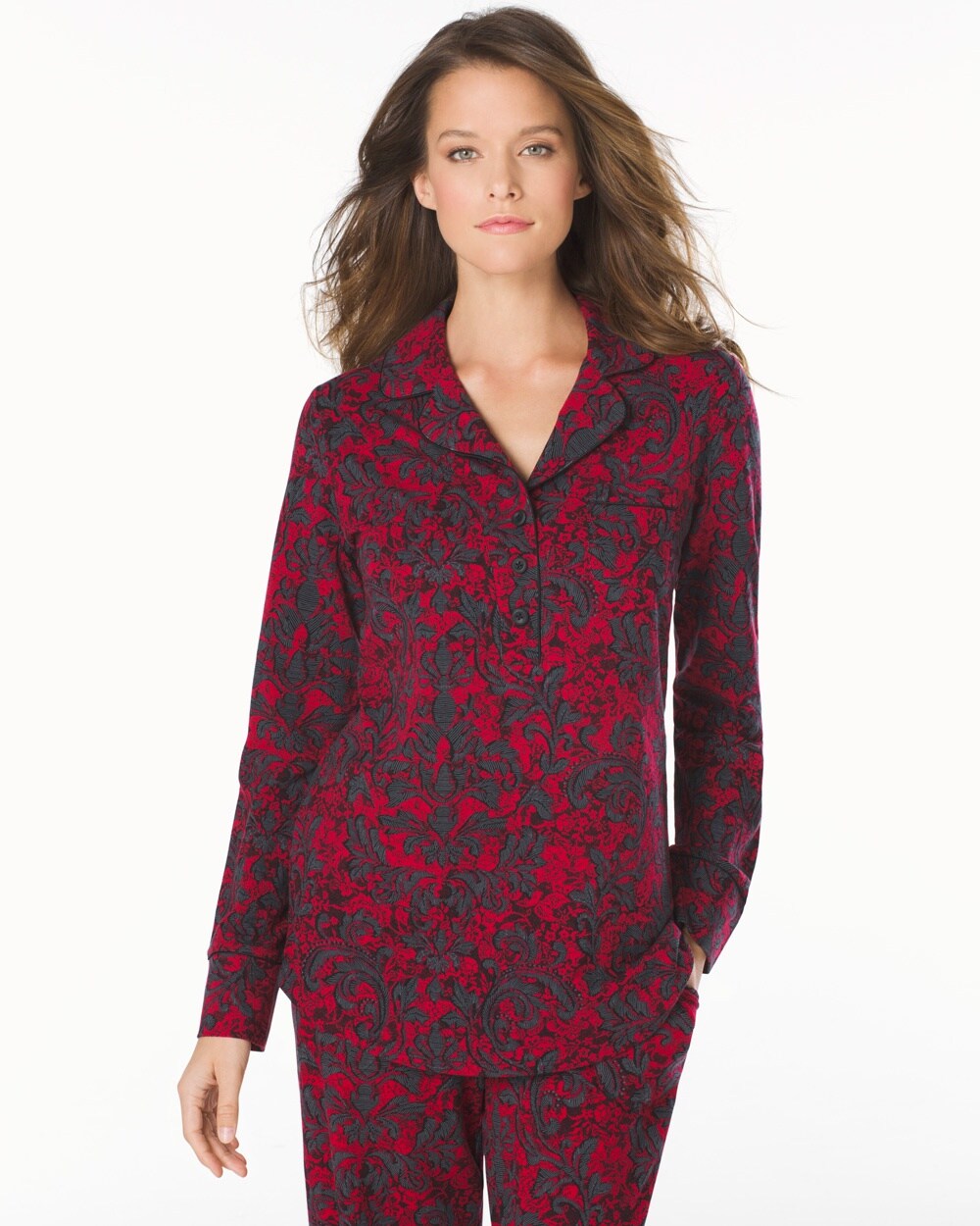 Embraceable Long Sleeve Popover Pajama Top Artisan Scroll Ruby
