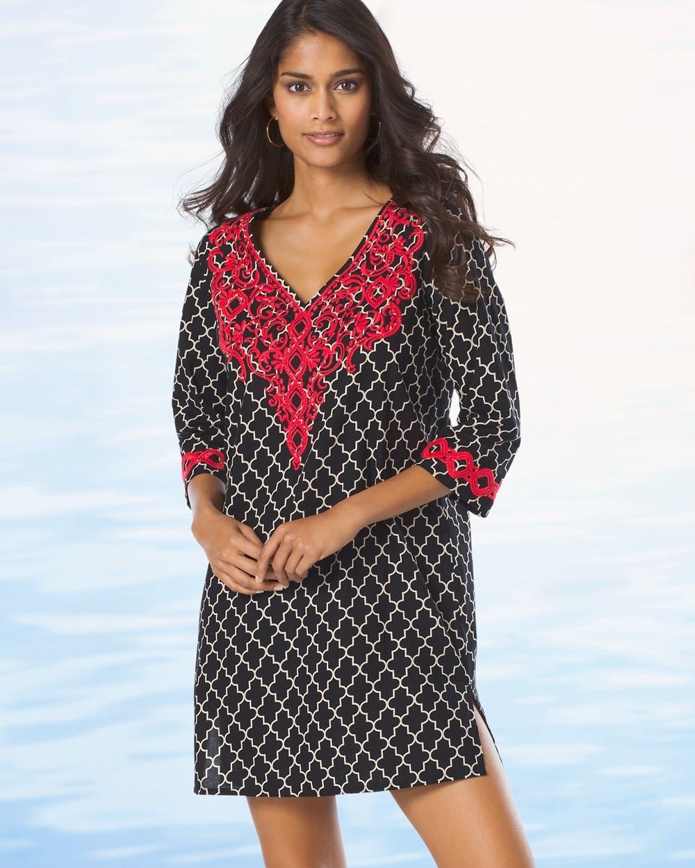 Cotton Embroidered Tunic Cover Up Surfside Tile Black