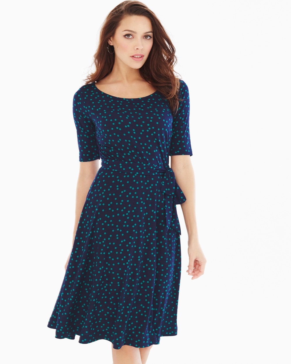 Elbow Sleeve Fit and Flare Dress Wishful Dot Navy