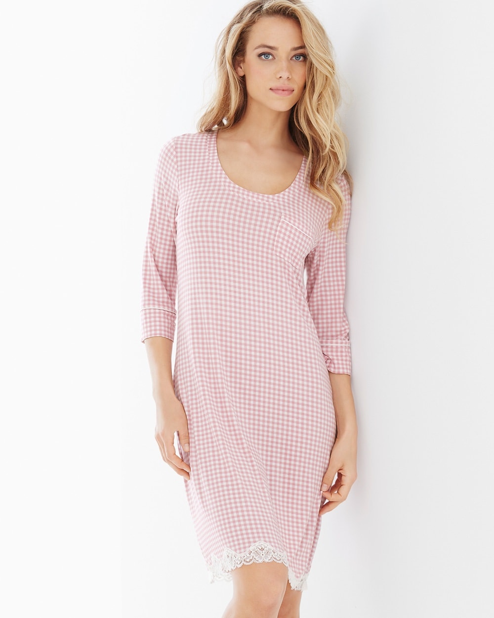 Embraceable Cool Nights 3/4-Sleeve Sleepshirt Gingham Blush Pink