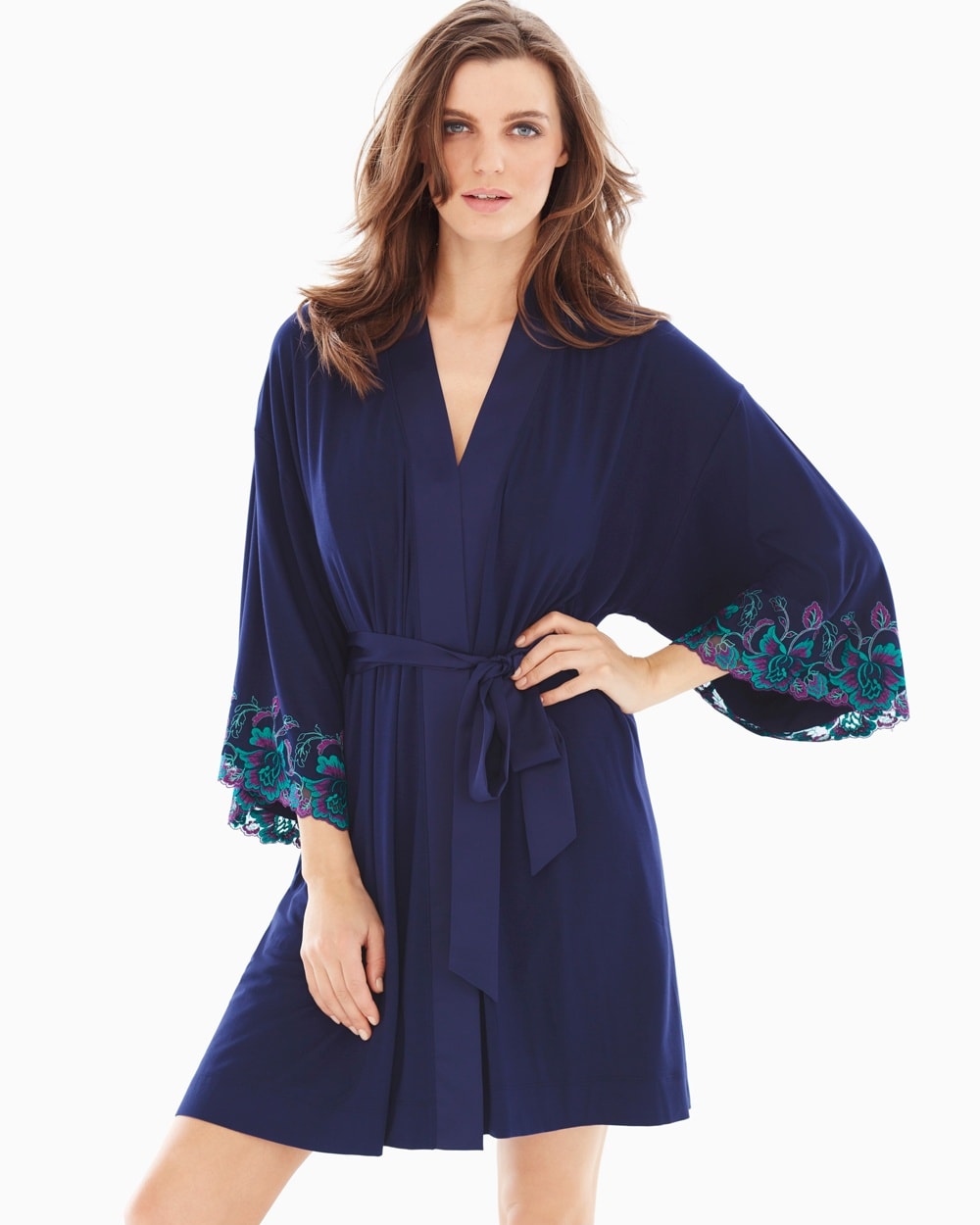 Limited Edition Sensuous Lace Floral Short Robe Navy/Rainforest