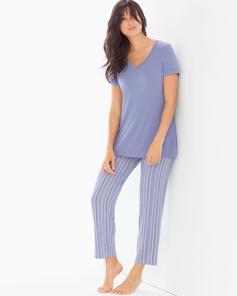 Cool Nights Ankle Pants Pajama Set Finespun Stripe Blue Chill