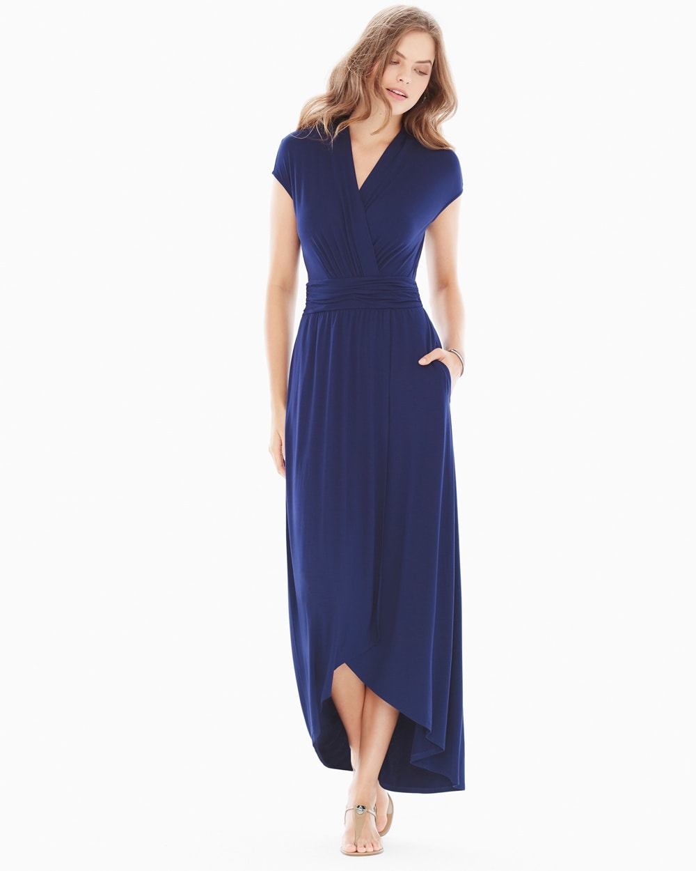 navy blue midi wrap dress