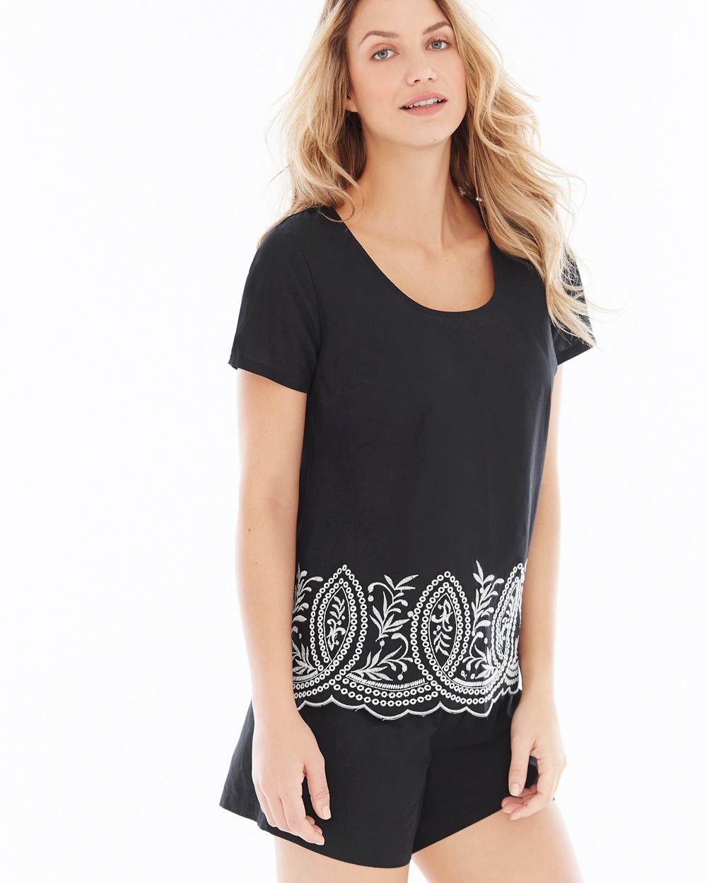 Cool Nights and Cotton Short Sleeve Pajama Top Impeccable Black Border