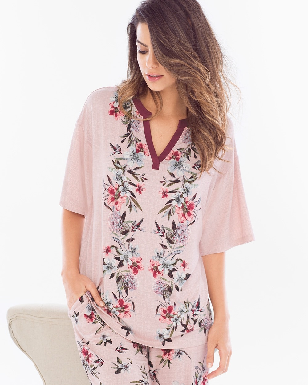 Cool Nights Pop Over Pajama Top Fancy Floral Scarf Pink