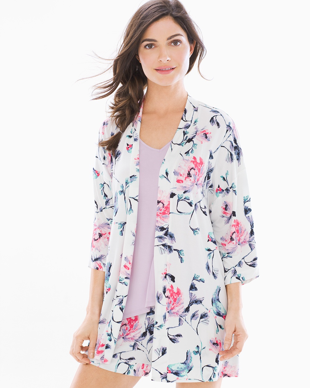 Cool Nights Pajama Wrap Floral Bird Ivory