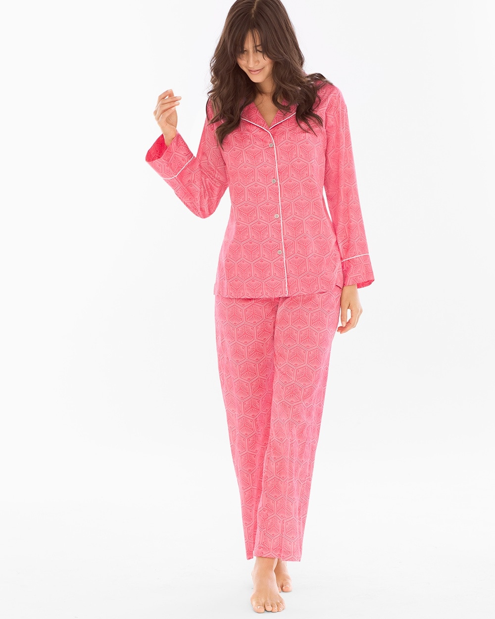 Natori Cotton Notch-Collar Pajama Set Pink Nectar
