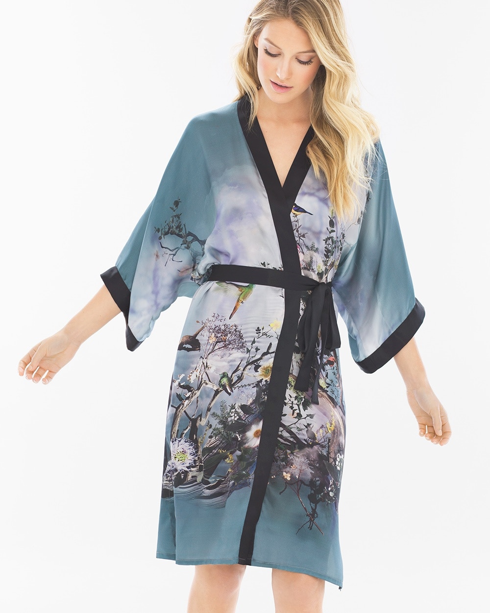 Samantha Chang Classics Silk Kimono Robe Birds On The Lake