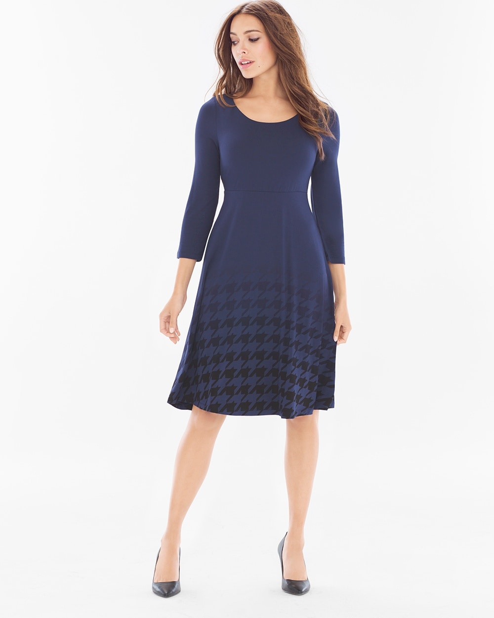 Fit and Flare Short Dress Houndstooth Ombre Navy