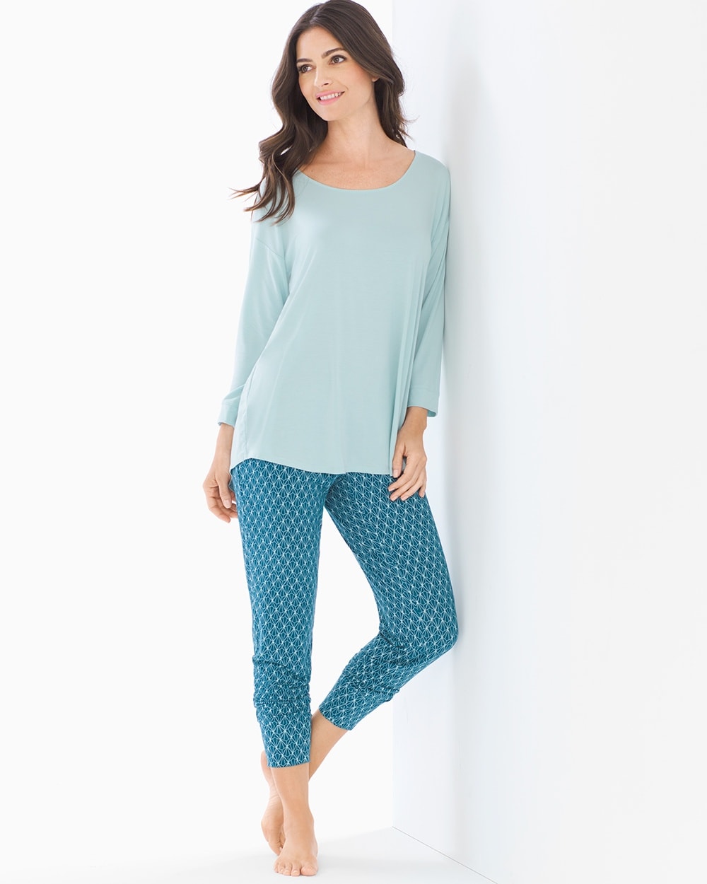 Cool Nights Relaxed Fit Pajama Set Feather Geo Teal