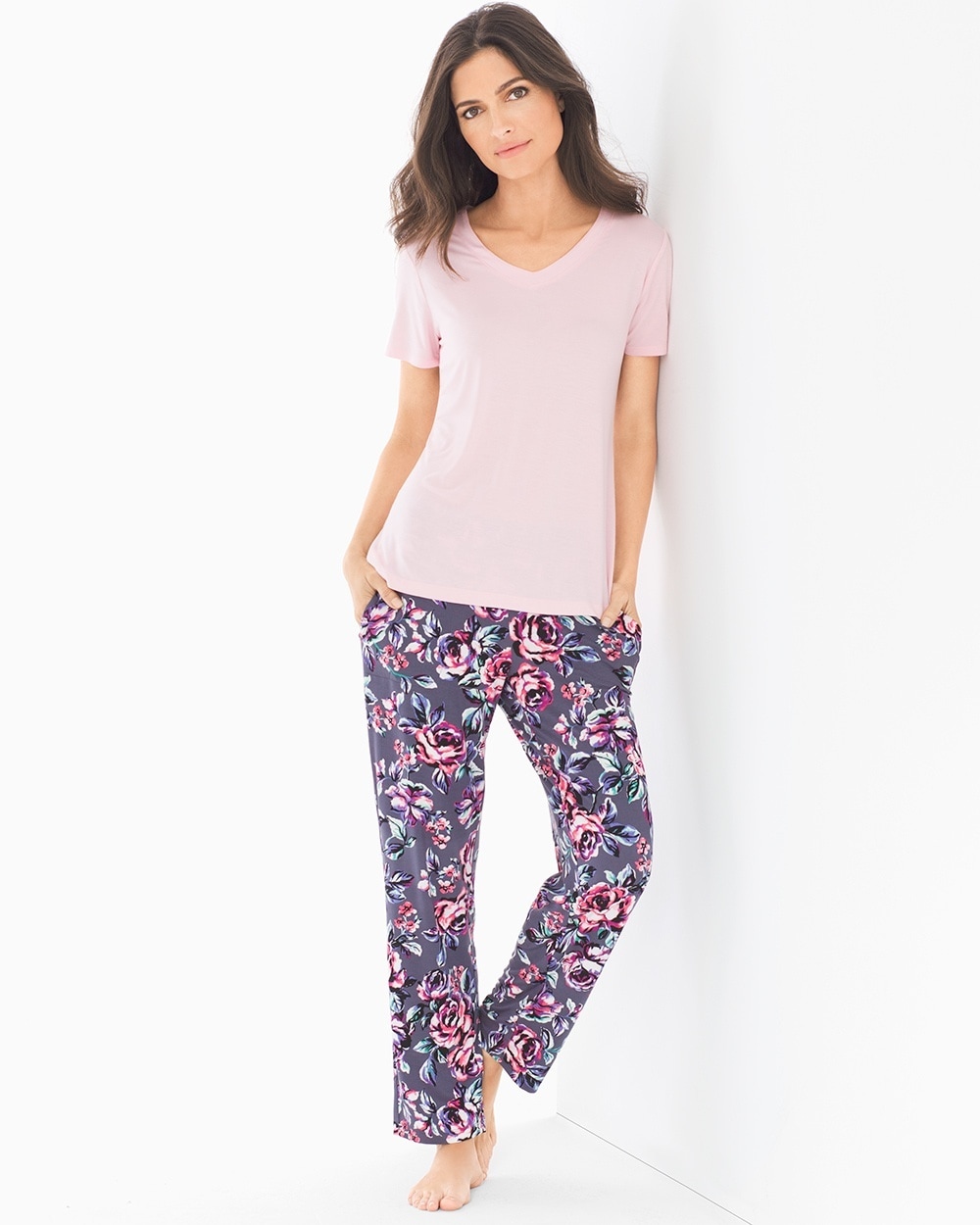 Cool Nights Ankle Length Pajama Set Roses Anchor Pearl Pink