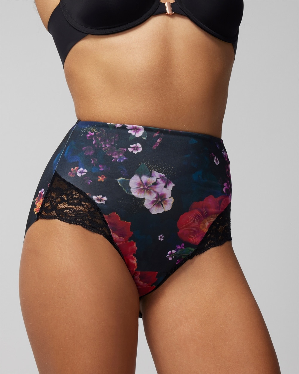 Soma Women's Vanishing Tummy Retro Brief With Lace Underwear In Black Floral Size Xs |  In Drama Blooms Mini Black