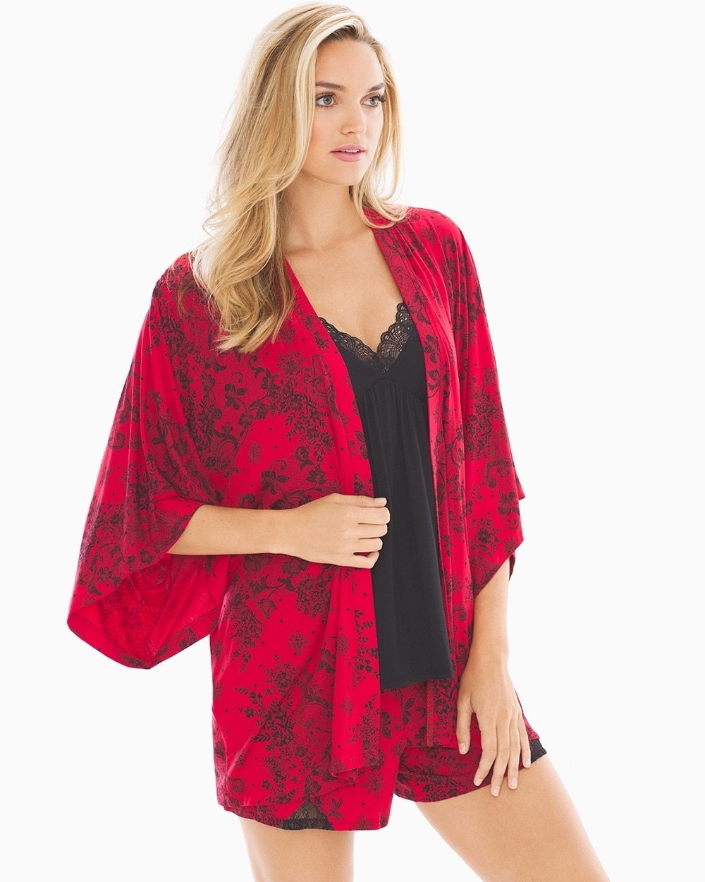 Cool Nights Kimono Pajama Wrap Fine Lace Festive Red