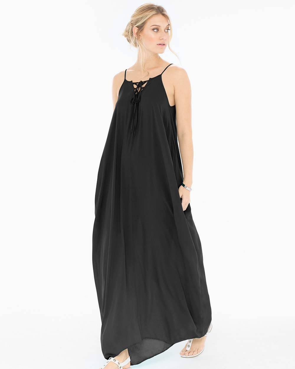 Elan Lace Up Neck Cover Up Maxi Dress Black