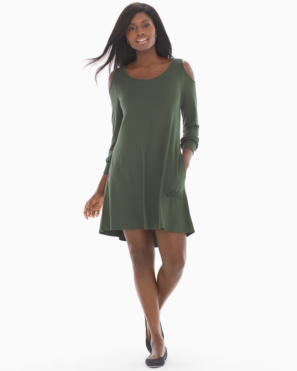 Soft Jersey Cold Shoulder Short Dress Deep Green