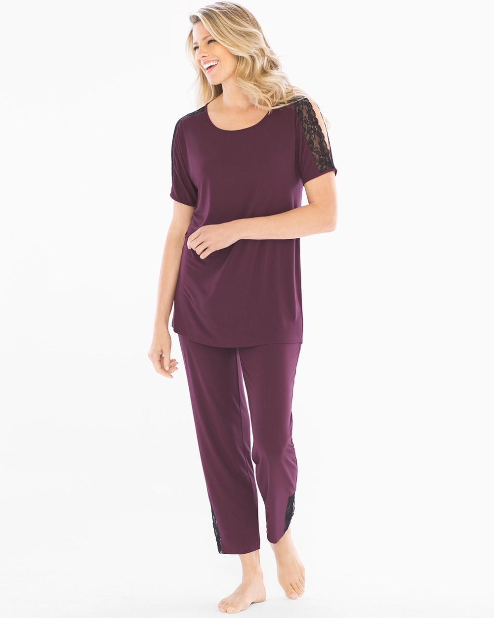 Cool Nights Lace Trim Short Sleeve Tee and Ankle Pants Pajama Set Merlot