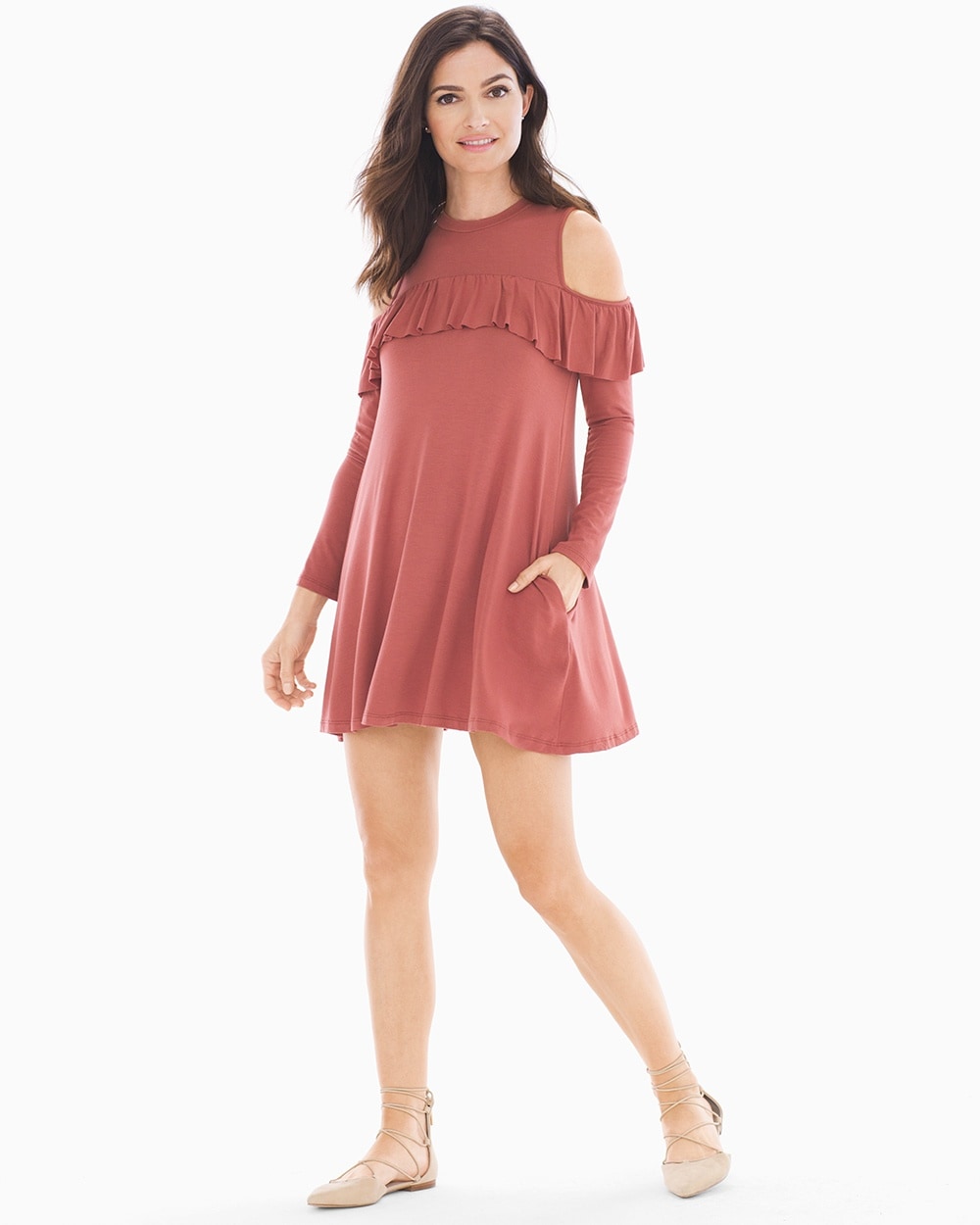 Elan Cold Shoulder With Ruffle Short Dress Rust