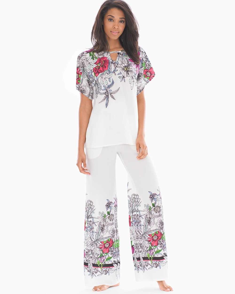 Crepe De Chine Short Sleeve Chiffon Pajama Set Romantic Blooms Ivory