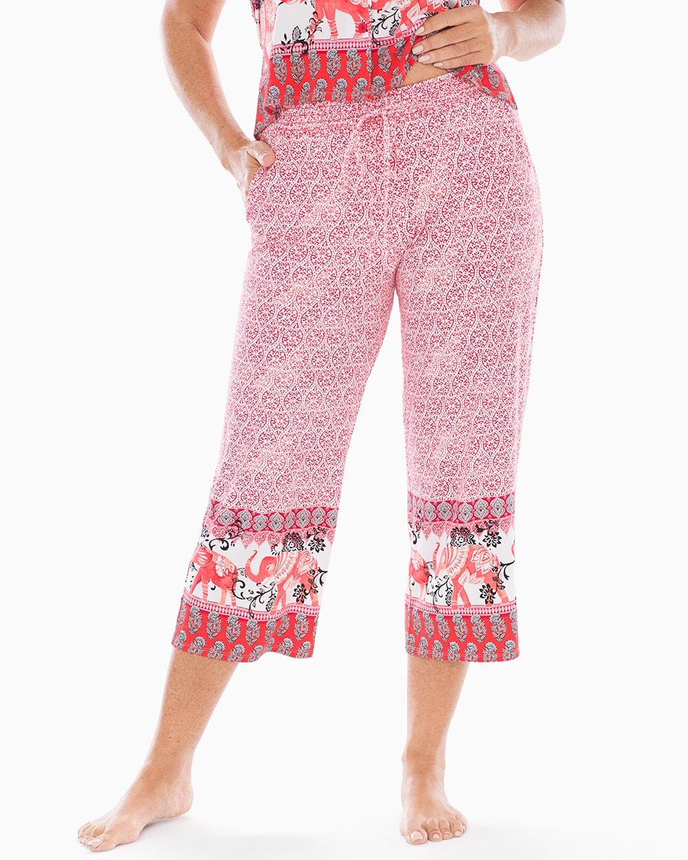 Cool Nights Smocked Waist Crop Pajama Pants Block Printed Elephants