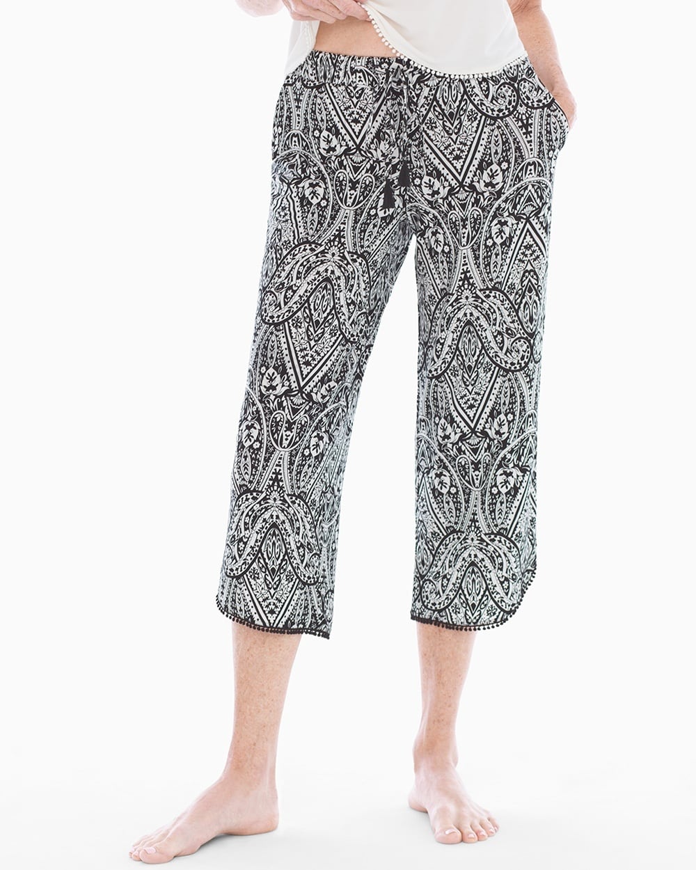 Cool Nights Tassel Crop Pajama Pants Nomadic Scroll Black