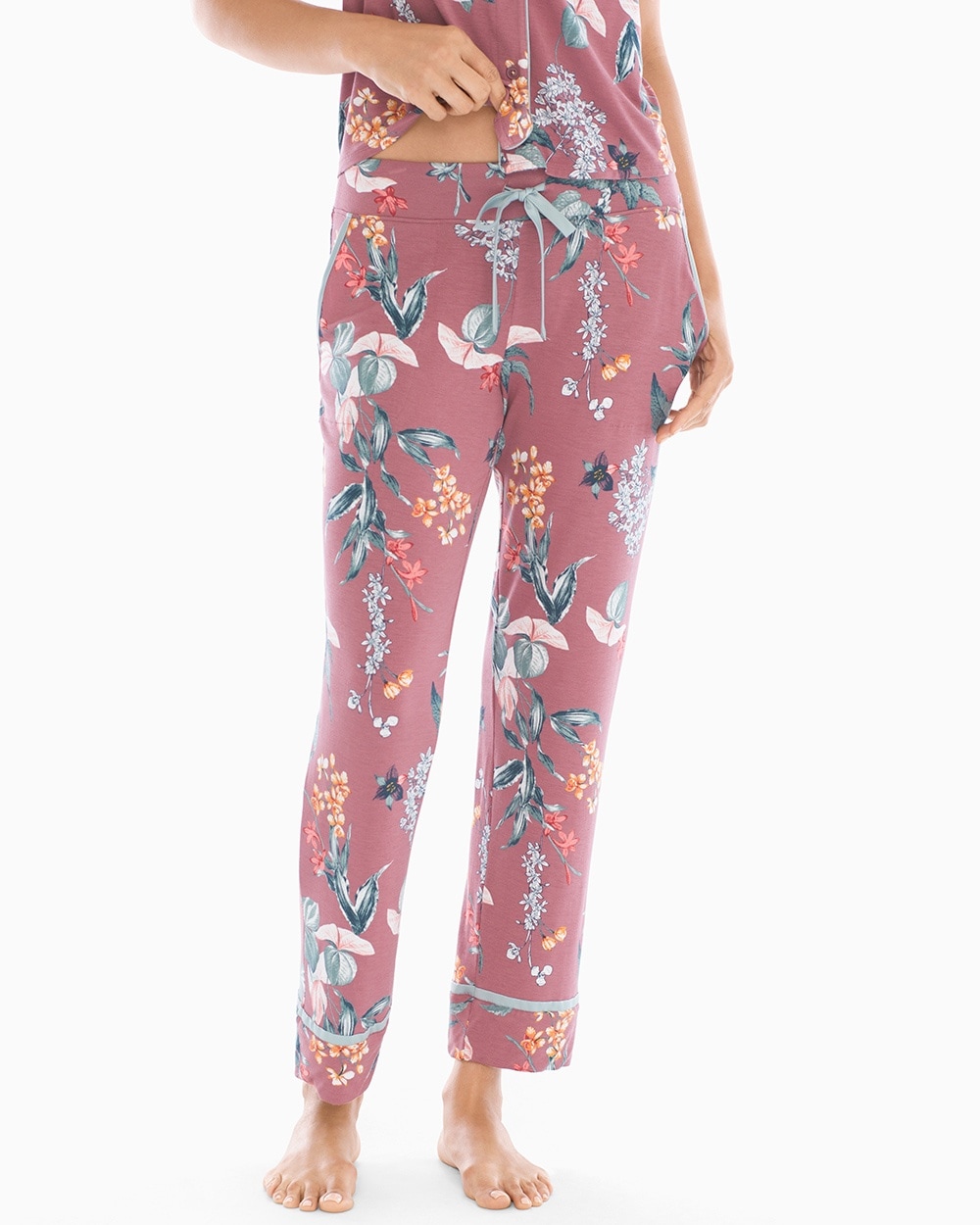 Cool Nights Satin Trim Ankle Pajama Pants Curio Floral Mulberry