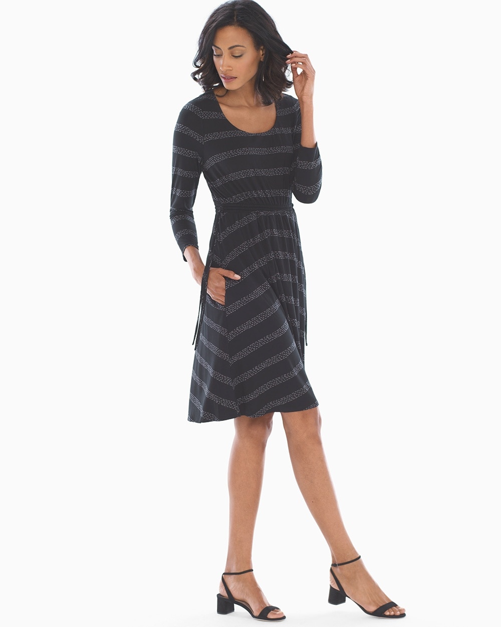 Soft Jersey Drawcord Waist Short Dress Sashiko Stripe Black