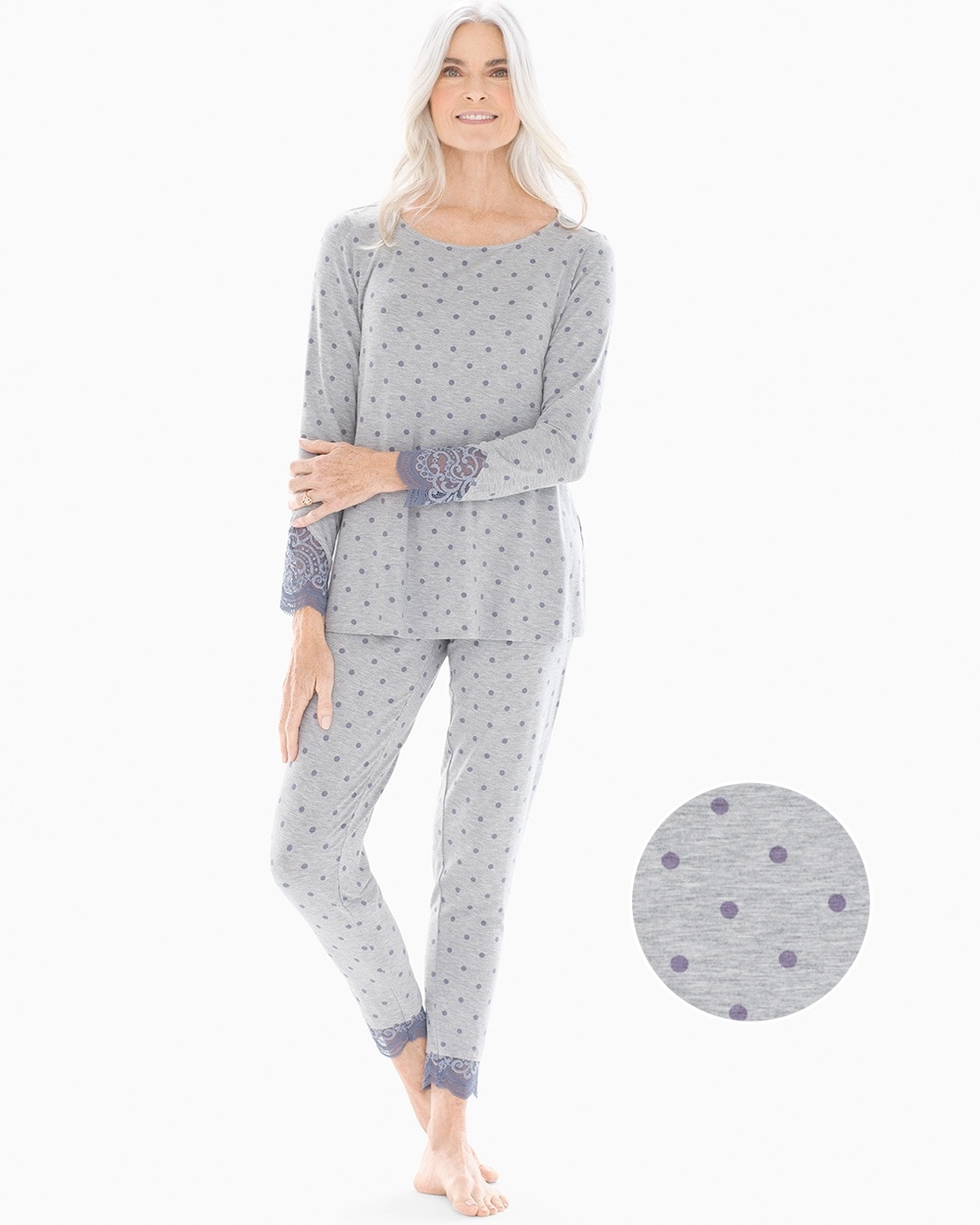 Cool Nights Lace Trim Long Sleeve Pajama Set Winsome Dot Opal Gray
