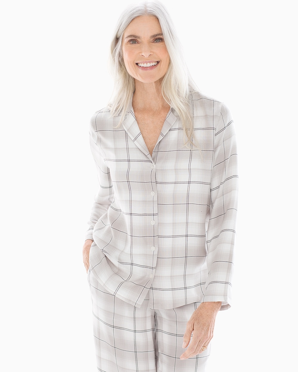 Light Nights Long Sleeve Notch Collar Pajama Top Festive Plaid Opal