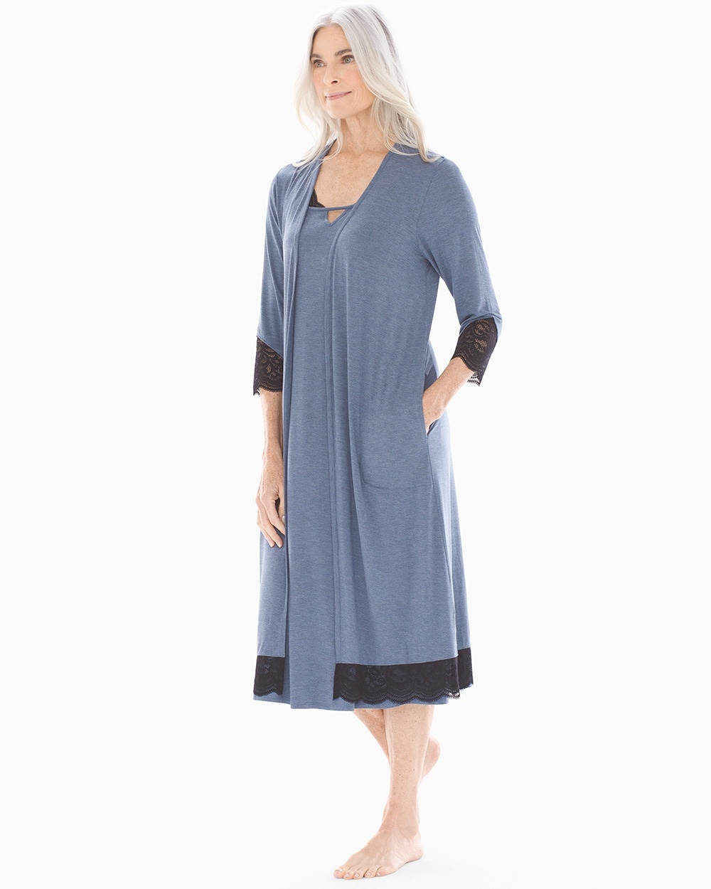 Cool Nights Lace Trim Duster Robe Heather Shadow Blue