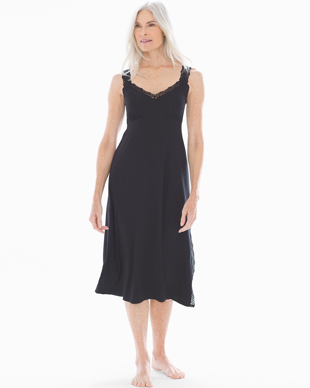 Cool Nights Lace Trim Midi Nightgown Black