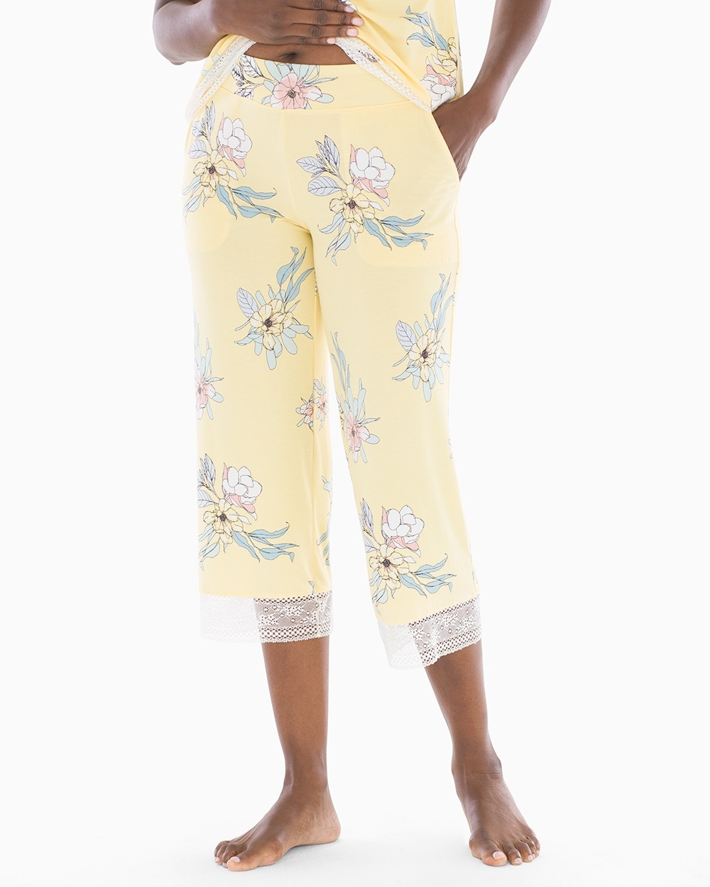 Cool Nights Lace Trim Cropped Pajama Pants Painterly Floral