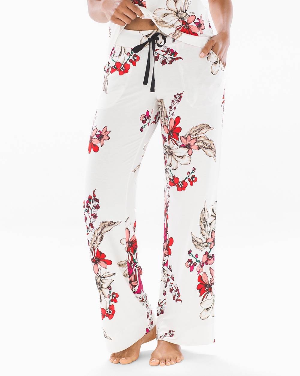 Cool Nights Grosgrain Trim Pajama Pants Floral Affair Ivory