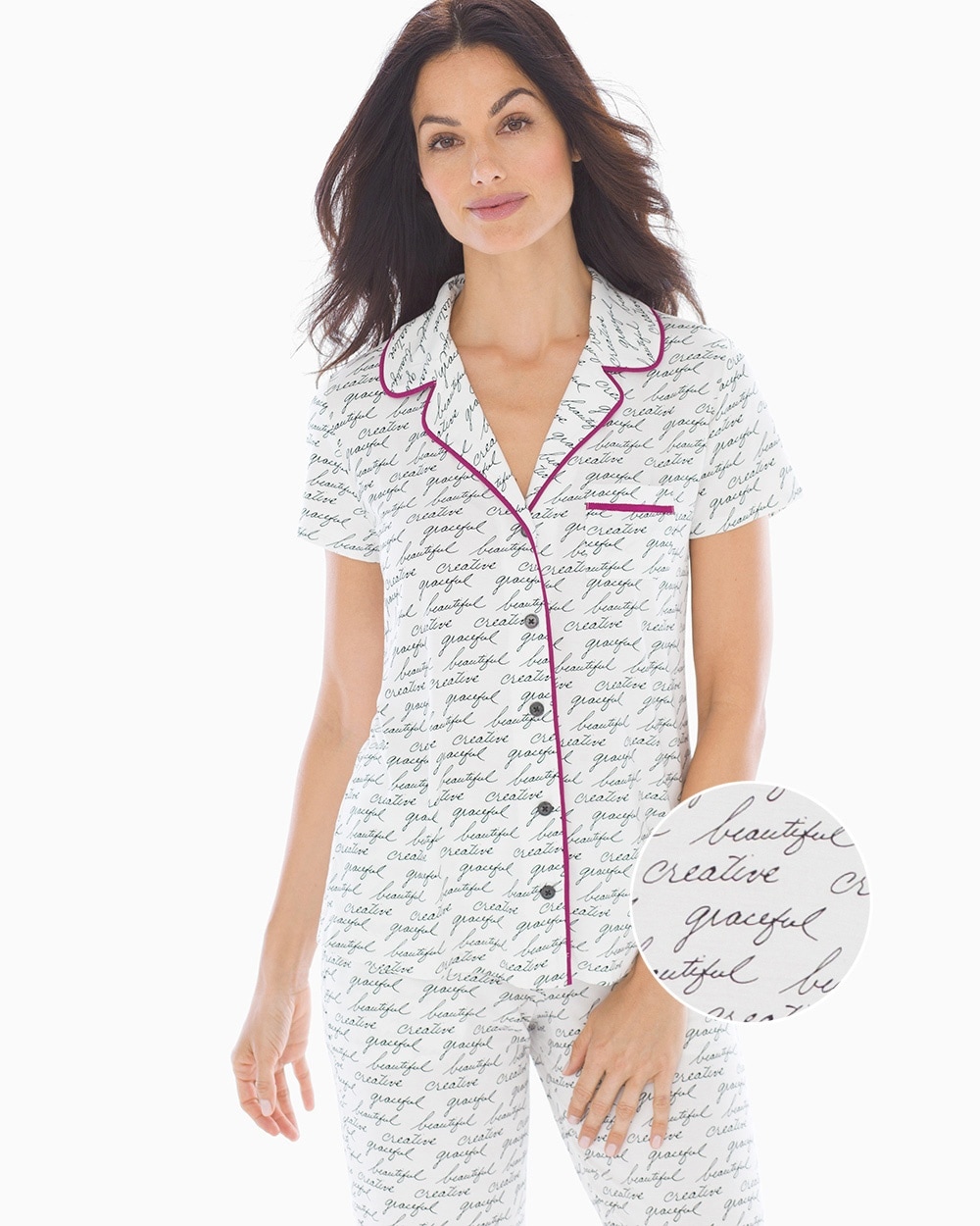 Cool Nights Short Sleeve Grosgrain Trim Notch Collar Pajama Top Written Words