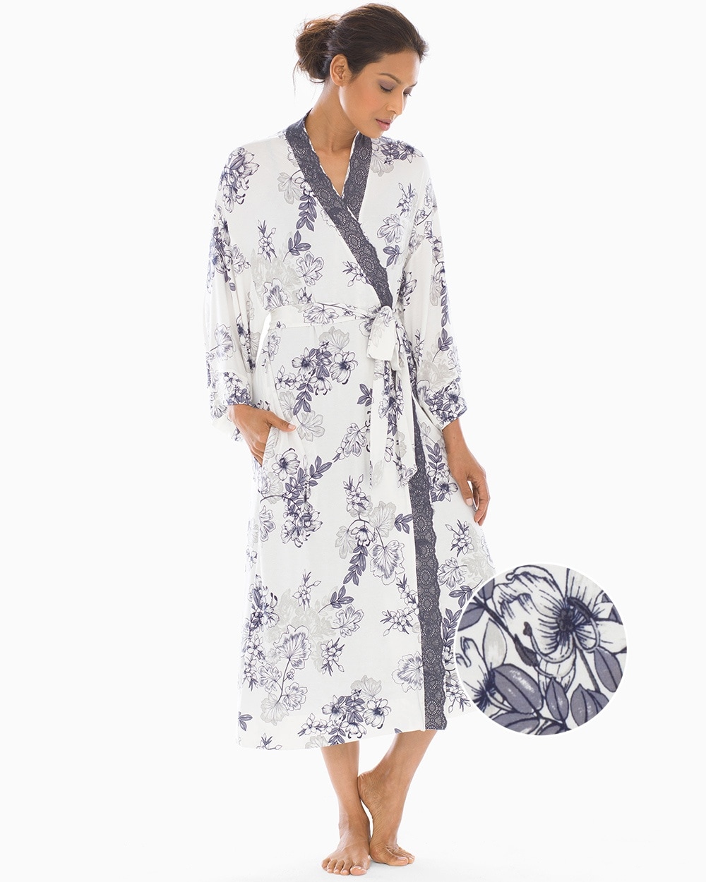 Cool Nights Lace Trim Long Robe Luminous Floral Ivory