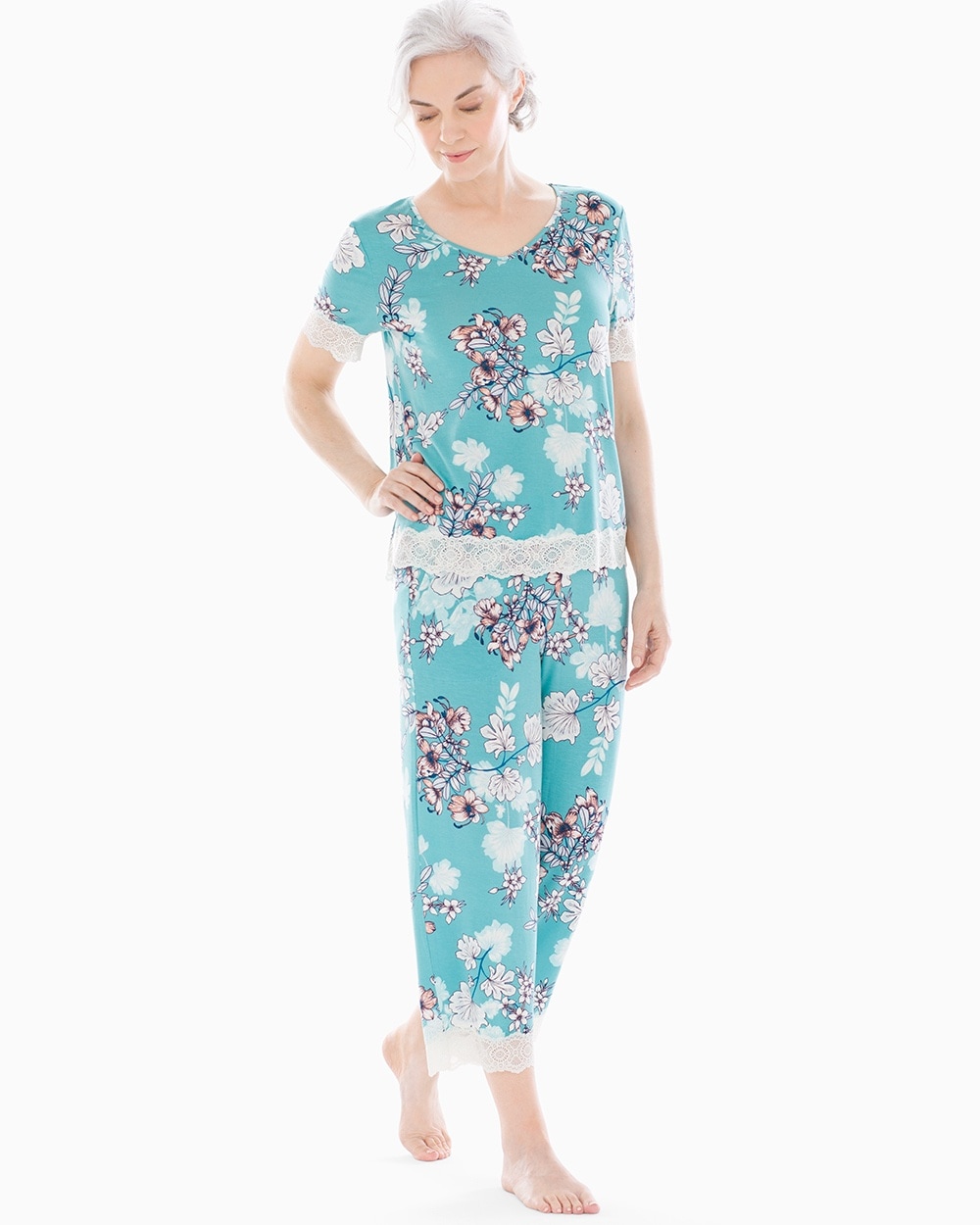 Cool Nights Lace Trim Short Sleeve Pajama Set Luminous Floral Aqua