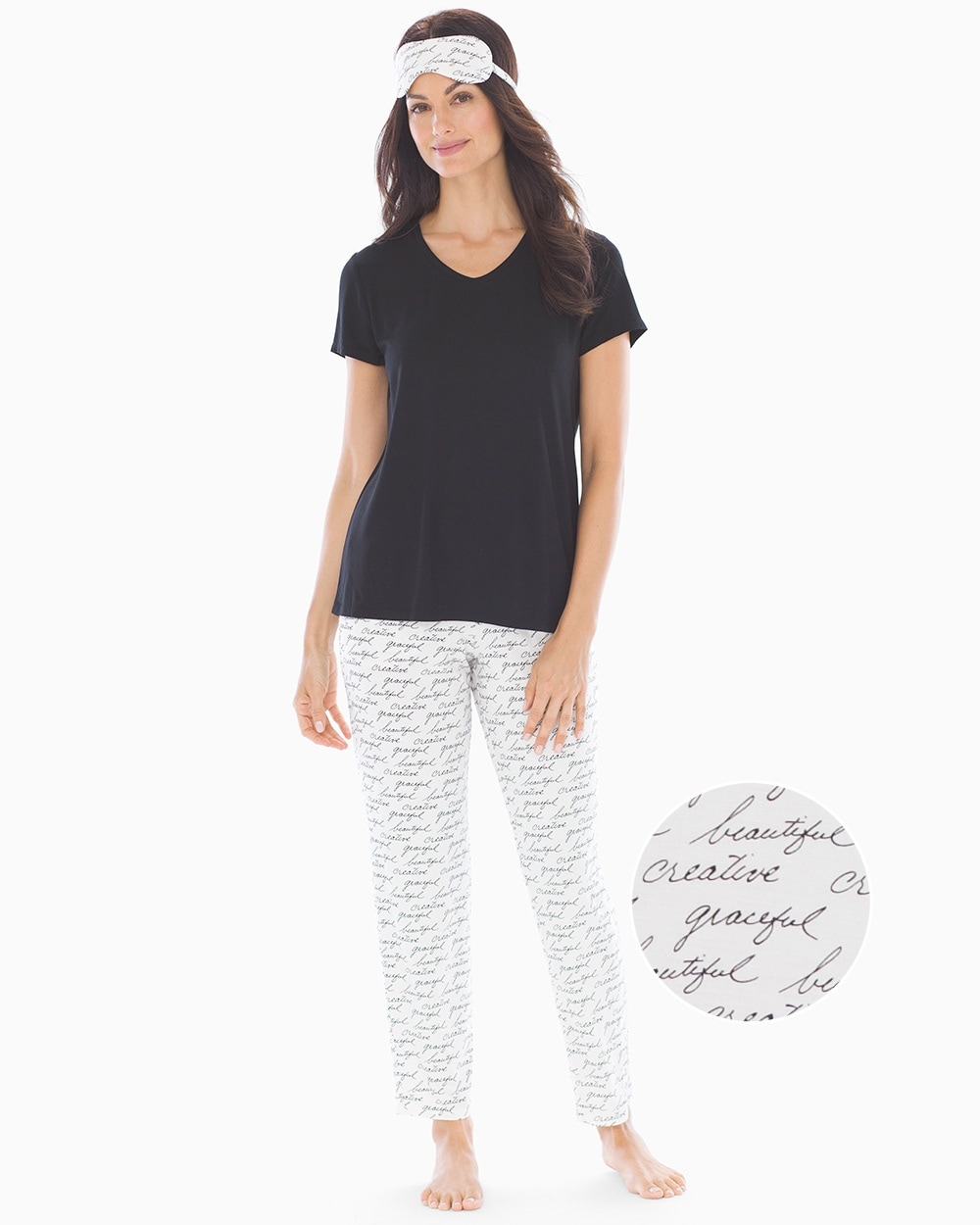Cool Nights V-Neck Short Sleeve Ankle Length Pajama Set with Eyemask\u00A0Written Words with Black