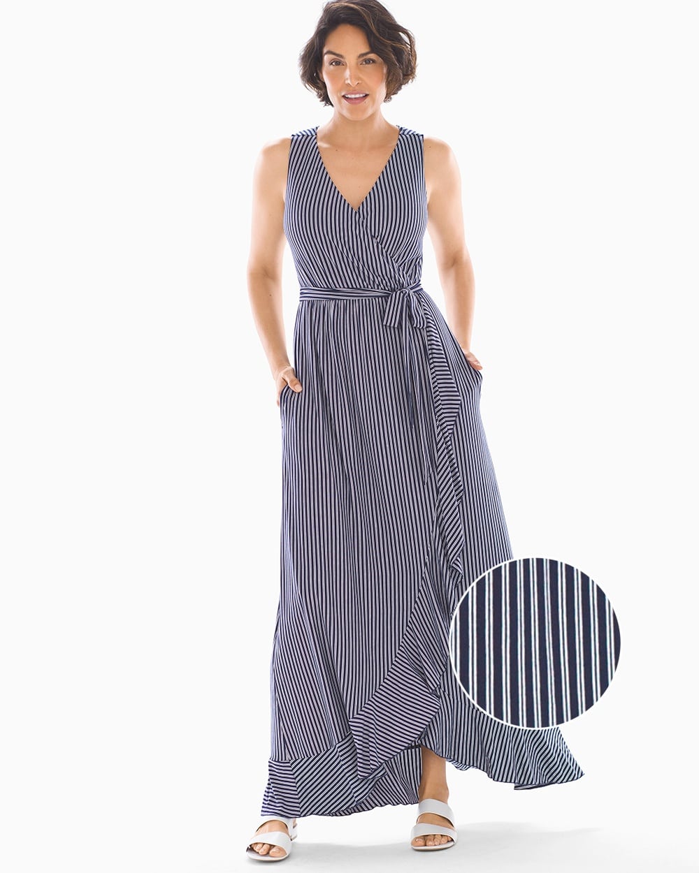 Soft Jersey Ruffle Border Maxi Dress Navy Stripe