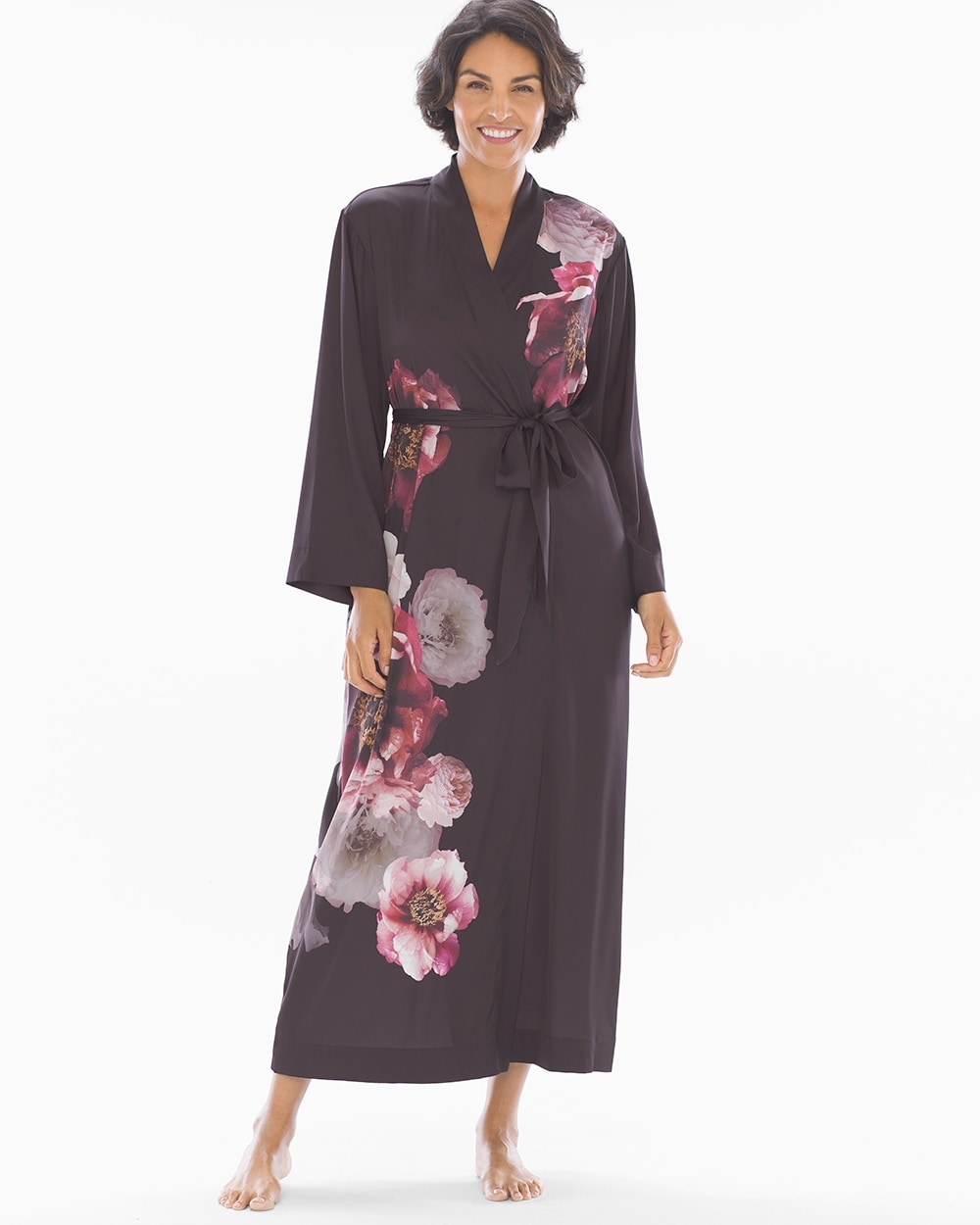 Satin Floral Long Robe Essence Placement Black