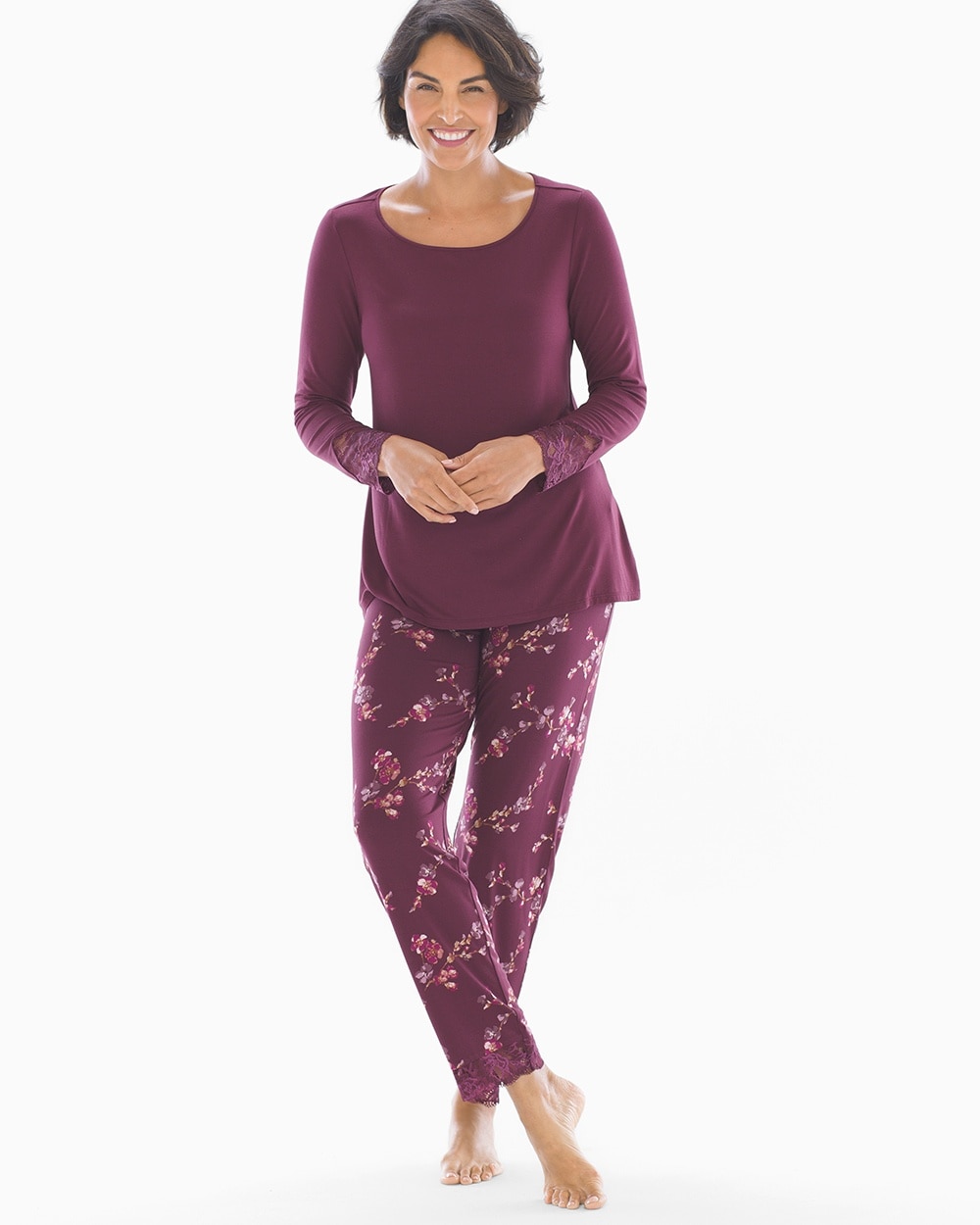 Cool Nights Lace Trim Ankle Pant Pajama Set Twilight Branches with Merlot
