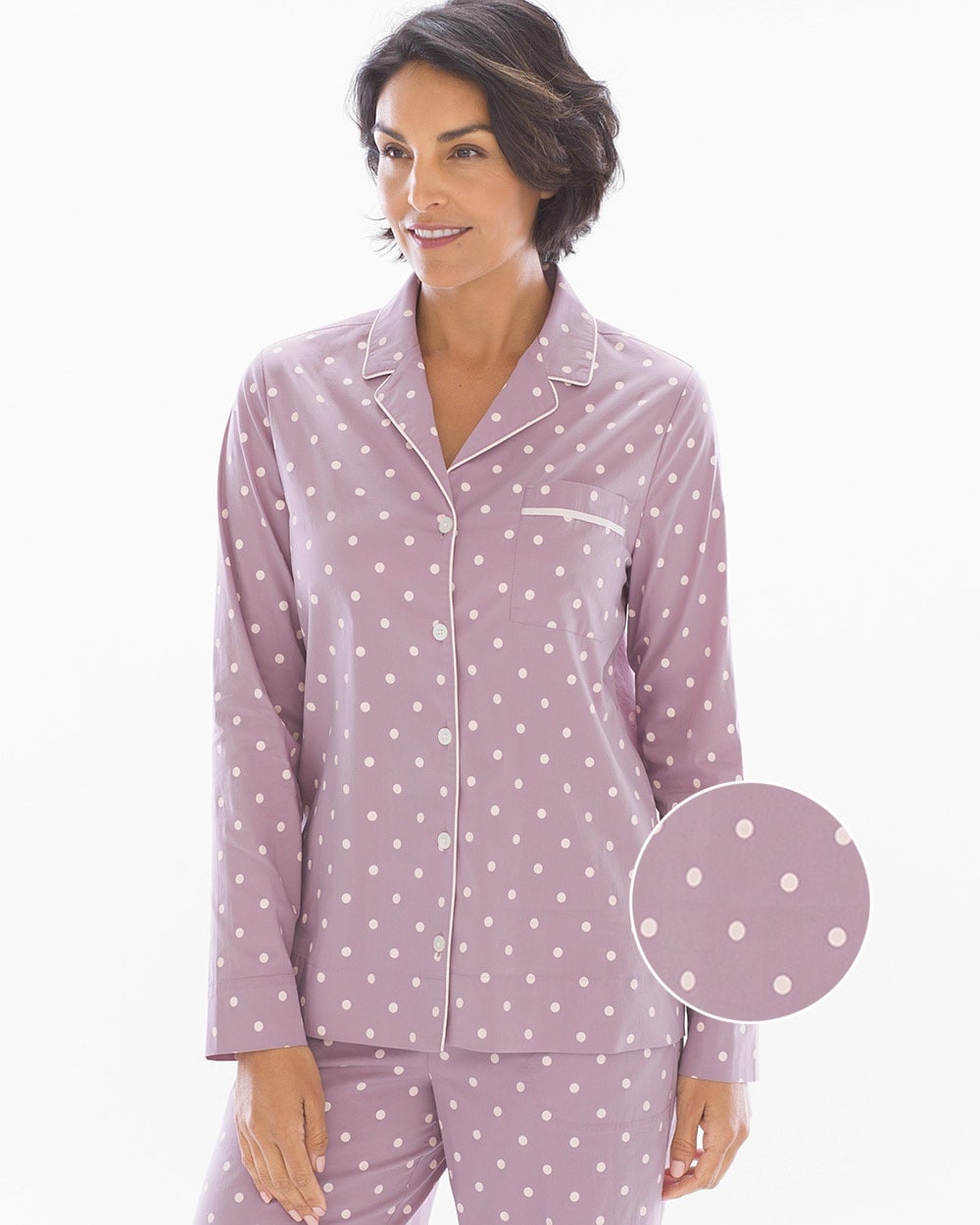 Cool Cotton Stretch Woven Long Sleeve Notch Collar Pajama Top Winsome Dot Elderberry