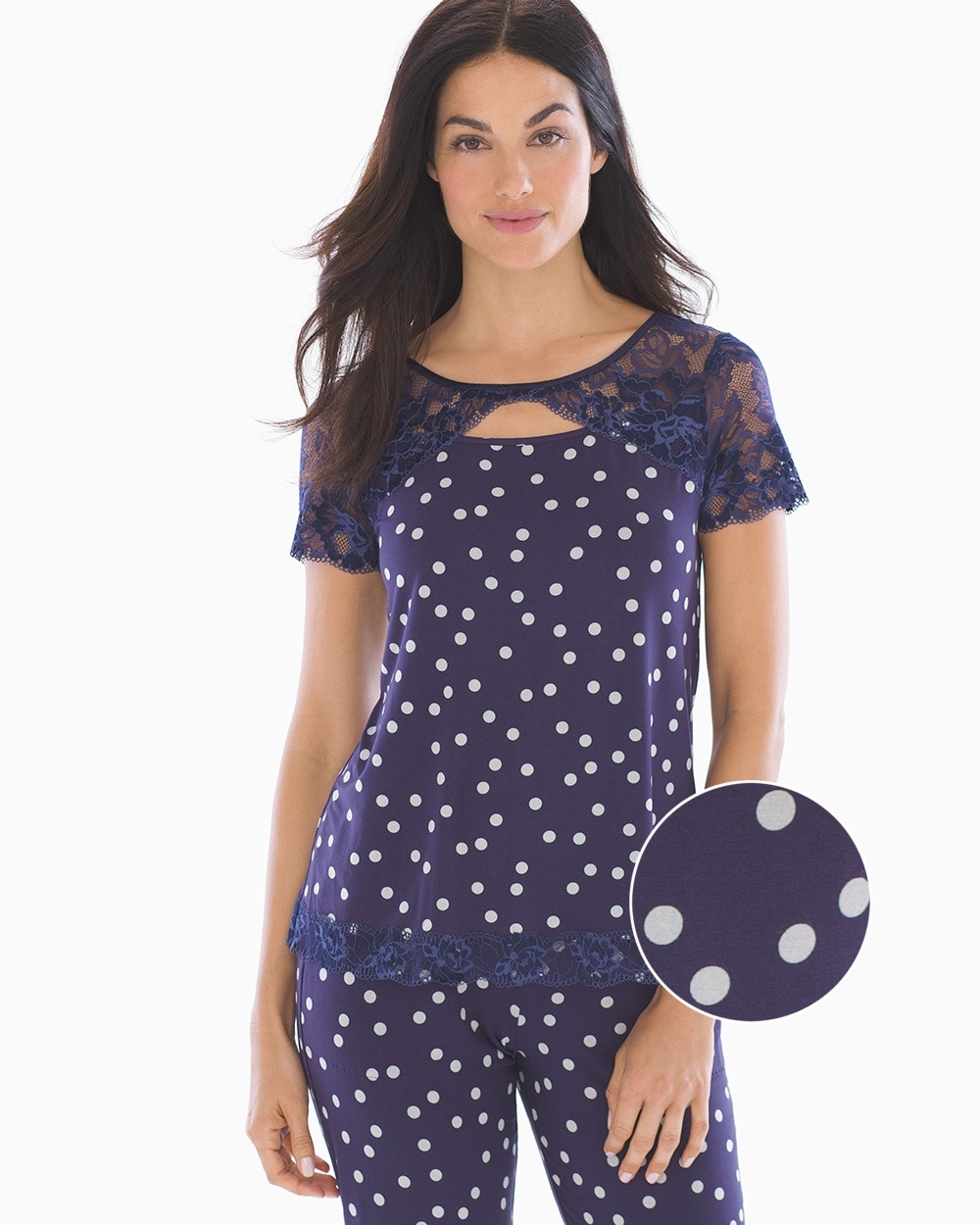 Cool Nights Signature Lace Short Sleeve Pajama Top Festive Dot Navy