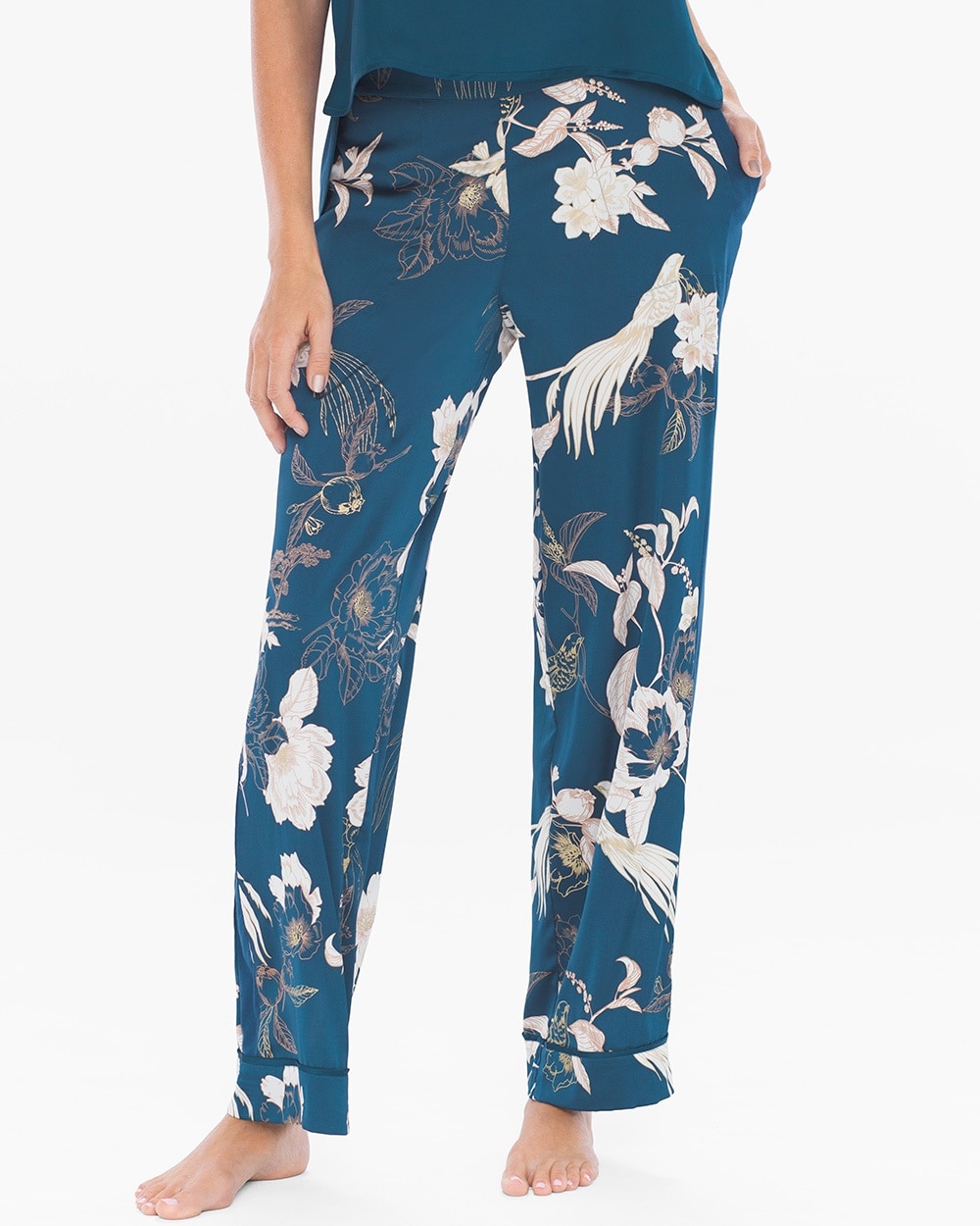 Stretch Satin with Cool Nights Trim Sleep Pants Majestic Floral Starry