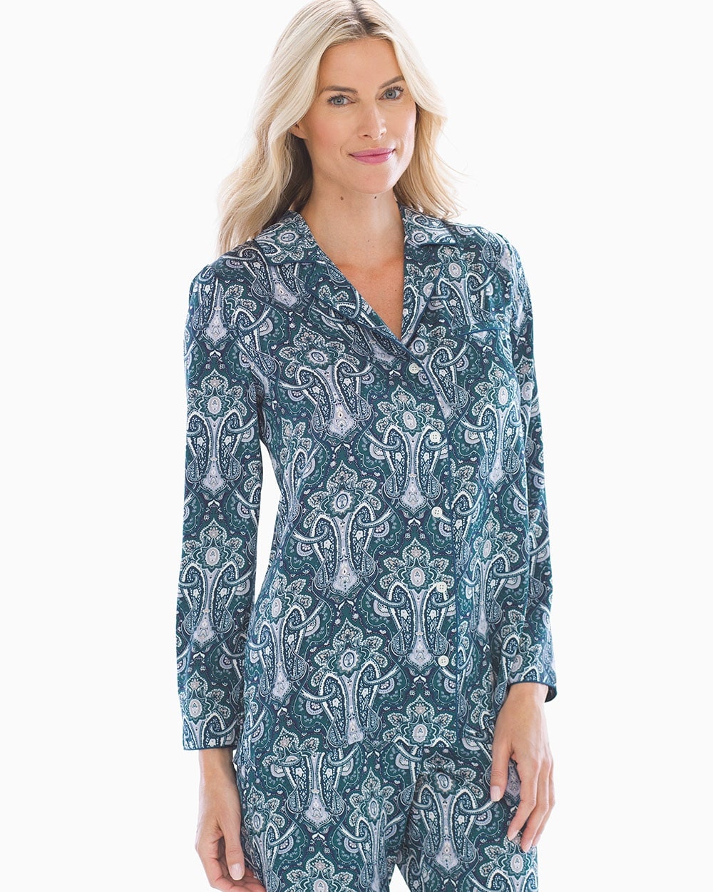 Satin Long Sleeve Notch Collar Pajama Top Angelic Paisley Deep Teal