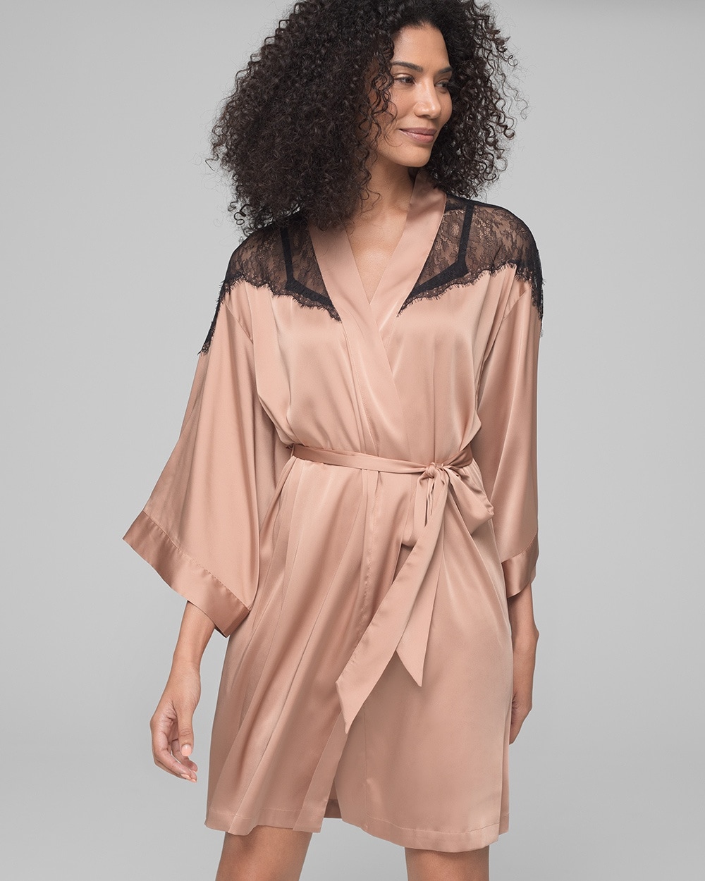 Satin Short Robe with Lace Trim Tawny Brown