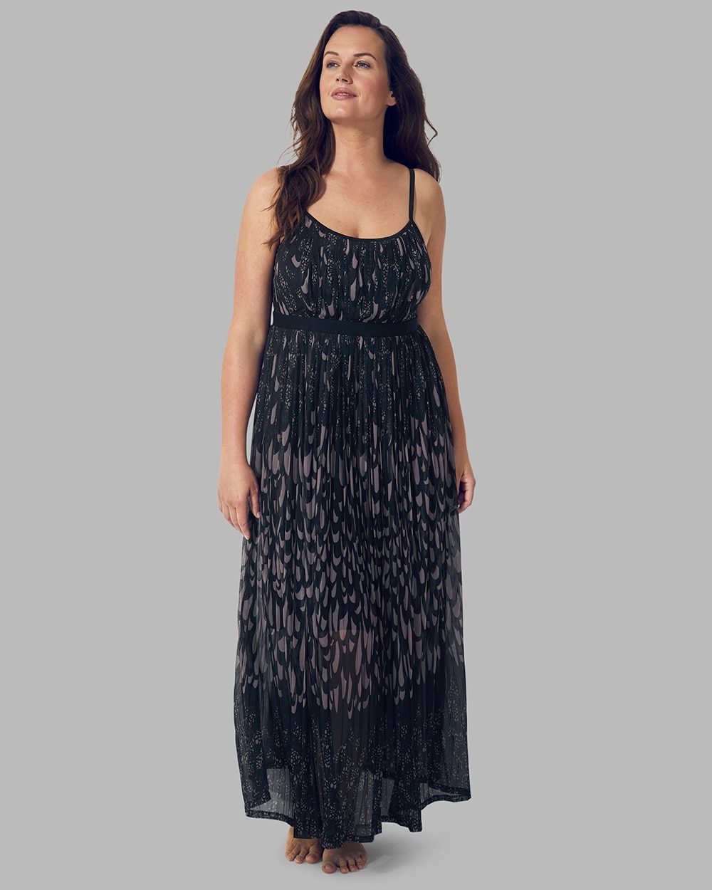 Pleated Mesh Maxi Dress With Built-In Bra