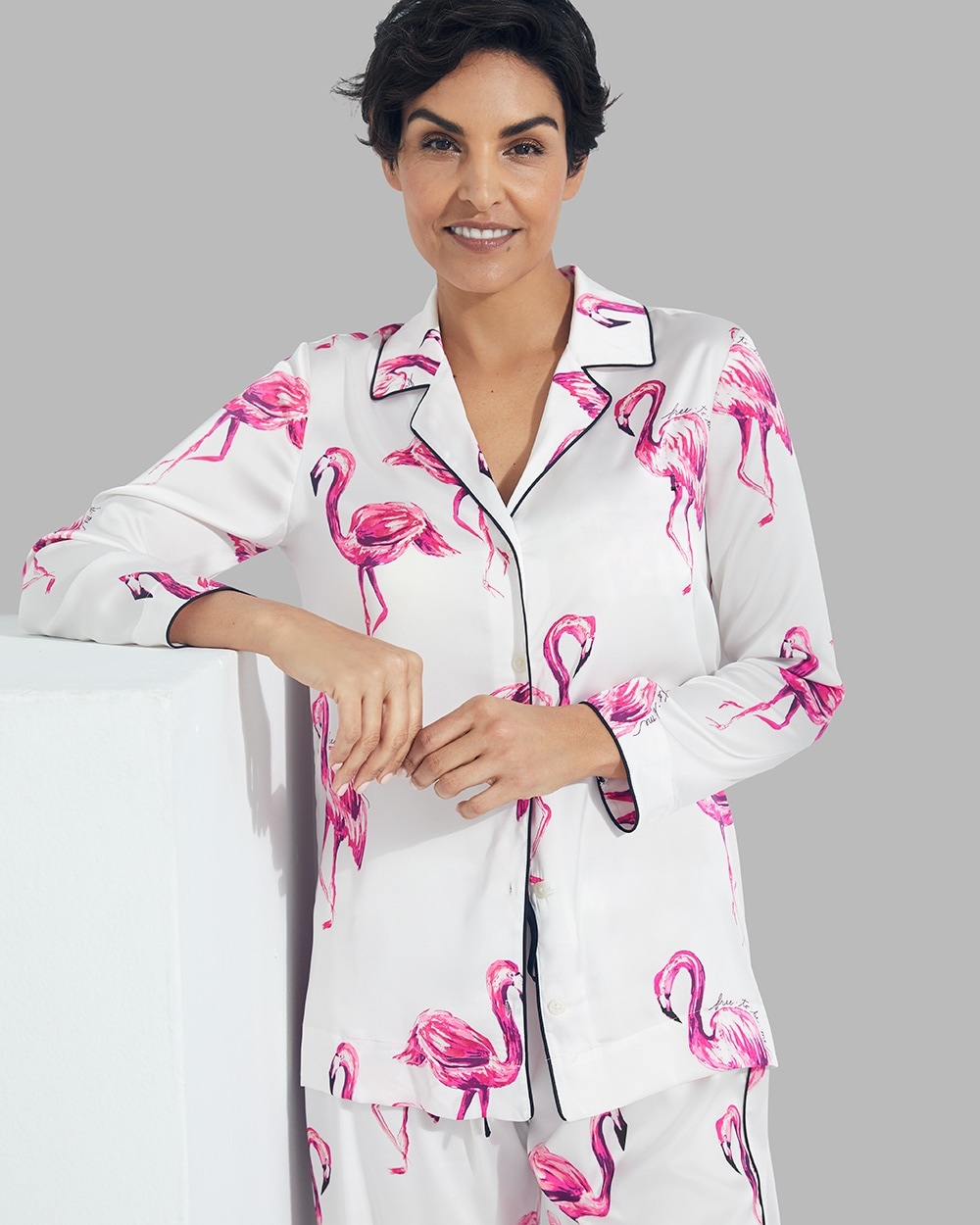 Stretch Satin Long Sleeve Notch Collar Pajama Top